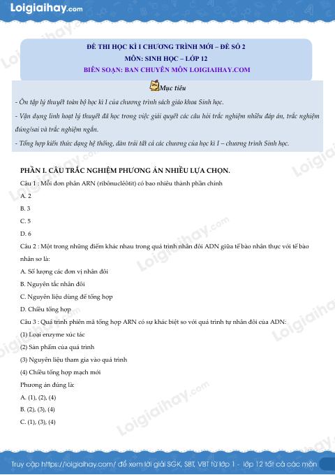 Đề thi học kì 1 Sinh 12 Kết nối tri thức - Đề số 3